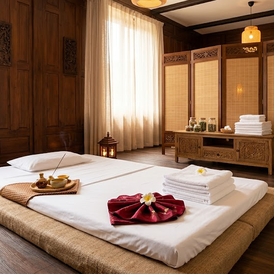 Sala de tratamiento tradicional en Ritual Thai Spa preparada para un masaje tailandés.