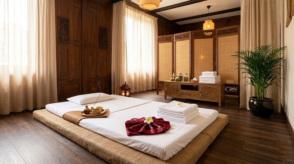 Sala de tratamiento tradicional en Ritual Thai Spa preparada para un masaje tailandés.